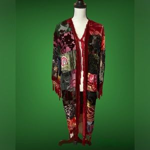 Chicos Burnout Silk Velvet Tassels Beading Kimono Size S/M